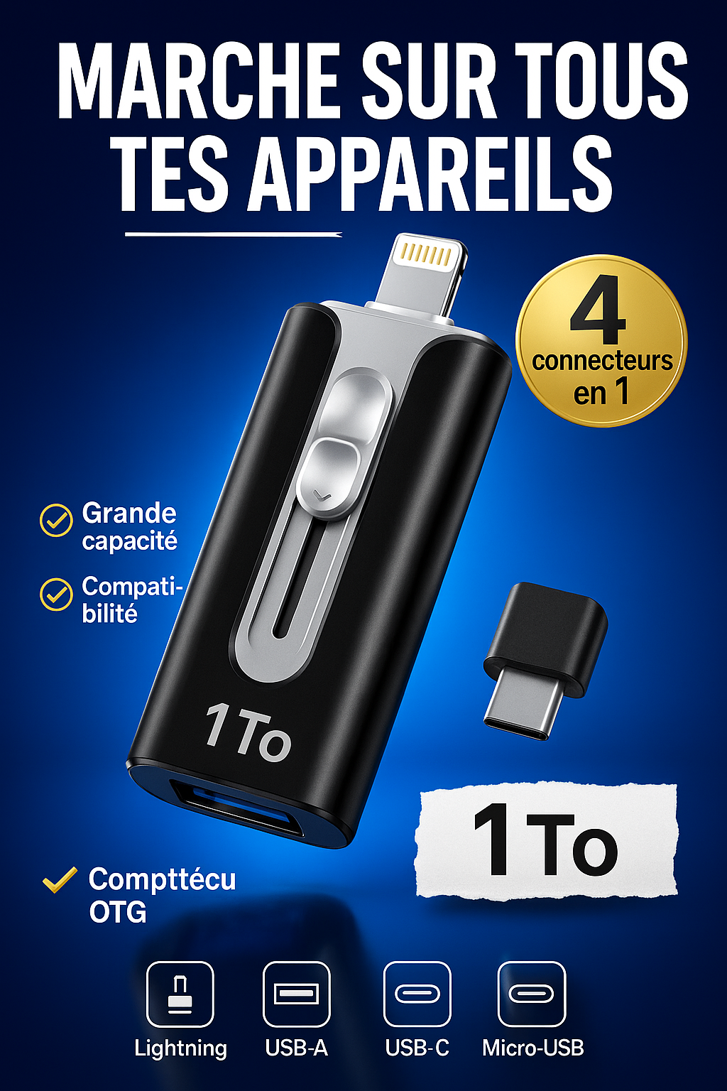 Plugea™ 1000 Go + Adaptateur - Clé de Sauvegarde 4-en-1