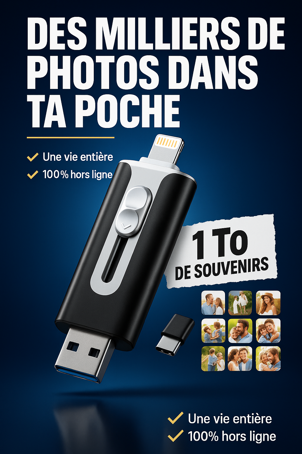 Plugea™ 1000 Go + Adaptateur - Clé de Sauvegarde 4-en-1