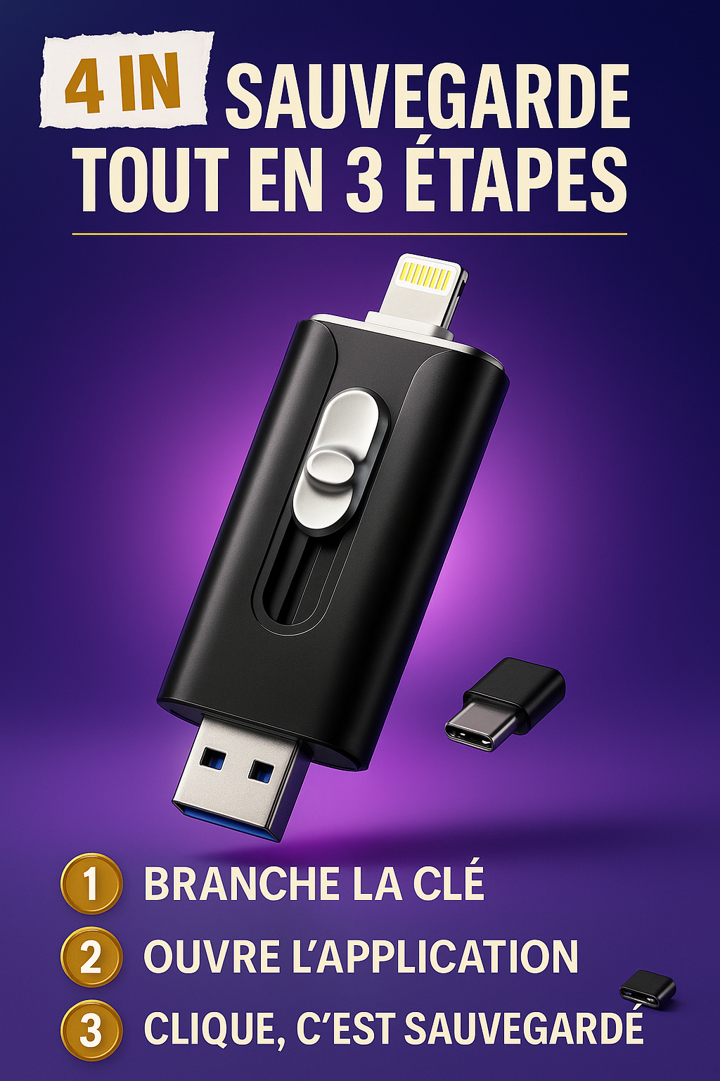 Plugea™ 1000 Go + Adaptateur - Clé de Sauvegarde 4-en-1