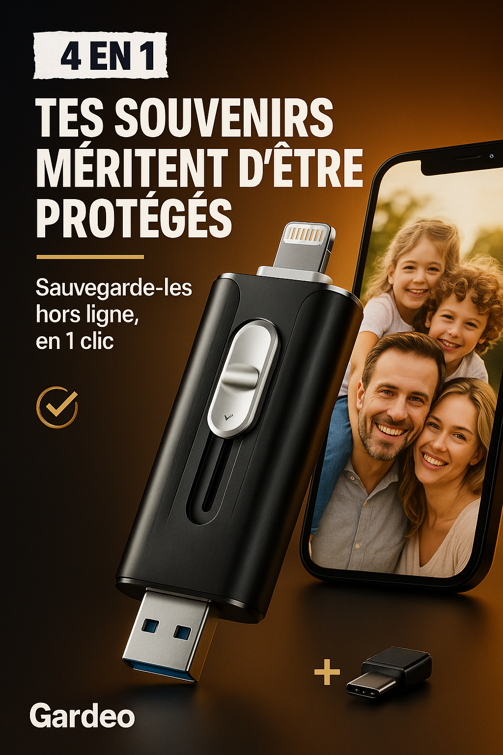 Plugea™ 1000 Go + Adaptateur - Clé de Sauvegarde 4-en-1