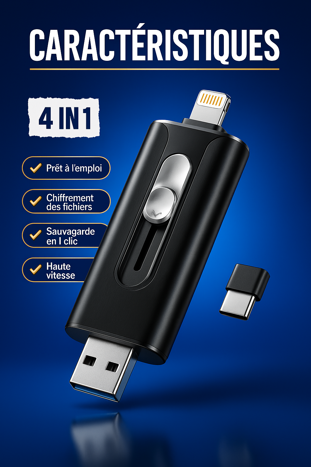 Plugea™ 1000 Go + Adaptateur - Clé de Sauvegarde 4-en-1